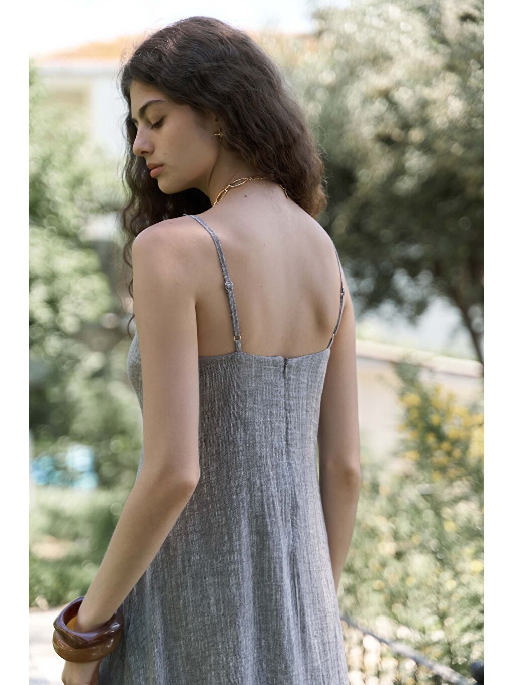 Kahverengi Cinas Askılı Uzun Kahve Keten Elbise-4