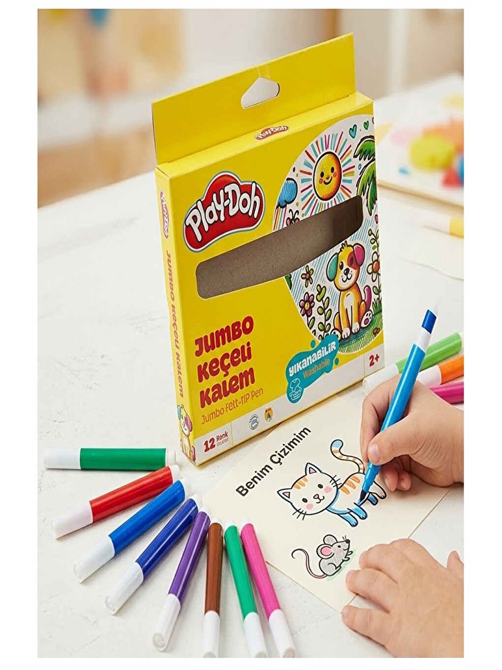 Keçeli Kalem 12 Renk Jumbo 1 Paket 12 Li Keçeli Kalem Canlı Renkler Yıkanabilir-3