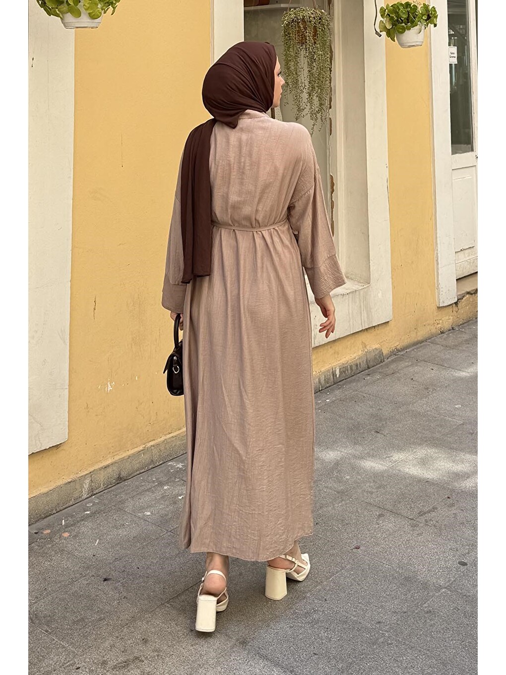 Bej Pat Detaylı Elbise Vizonrengi-3