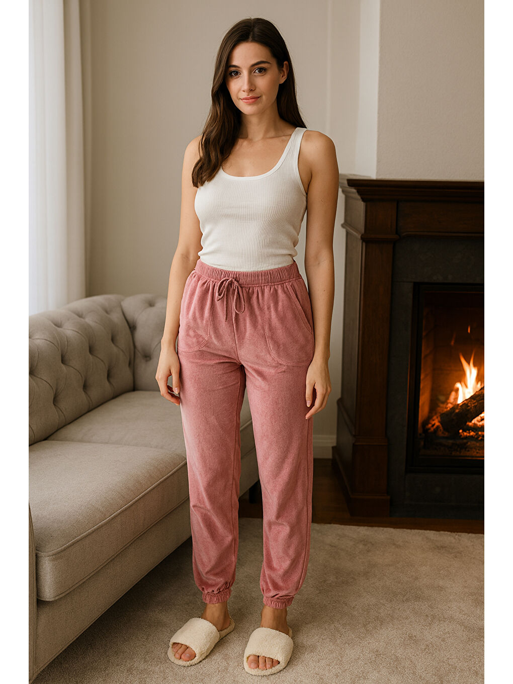 Kadın Paçası Lastikli Cep Detaylı Kadife Kumaş Tek Alt 503 Pembe-3