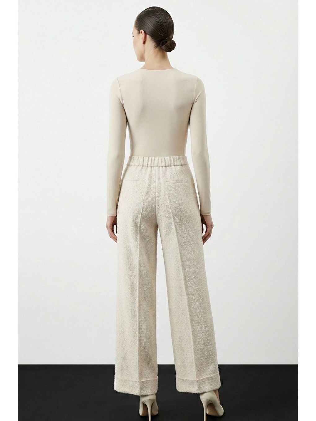 Geniş Double Paça Simli Ekru Tüvit Pantolon-2