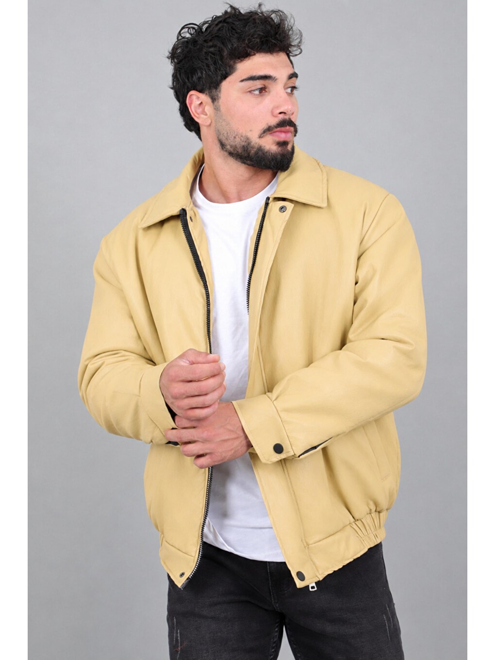 Sarı Kışlık Dolumlu İçi Kürklü Oversize Suni Deri Mont Kmd_50502-1