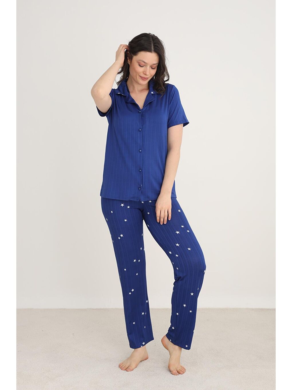 Mavi Kadın Yıldız Desenli Önden Düğmeli Pijama Takım | Saks 80602-1276