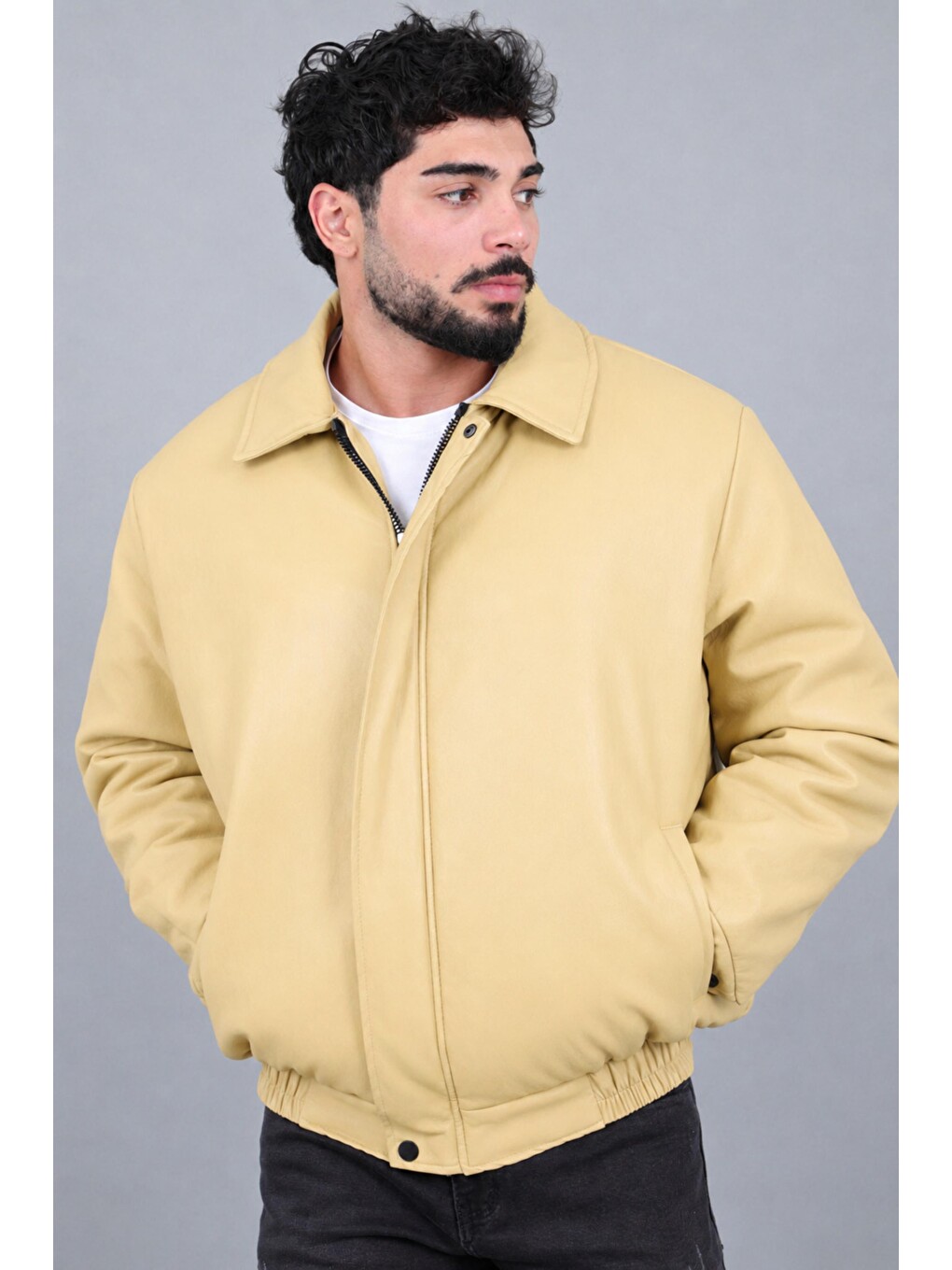 Sarı Kışlık Dolumlu İçi Kürklü Oversize Suni Deri Mont Kmd_50502-2