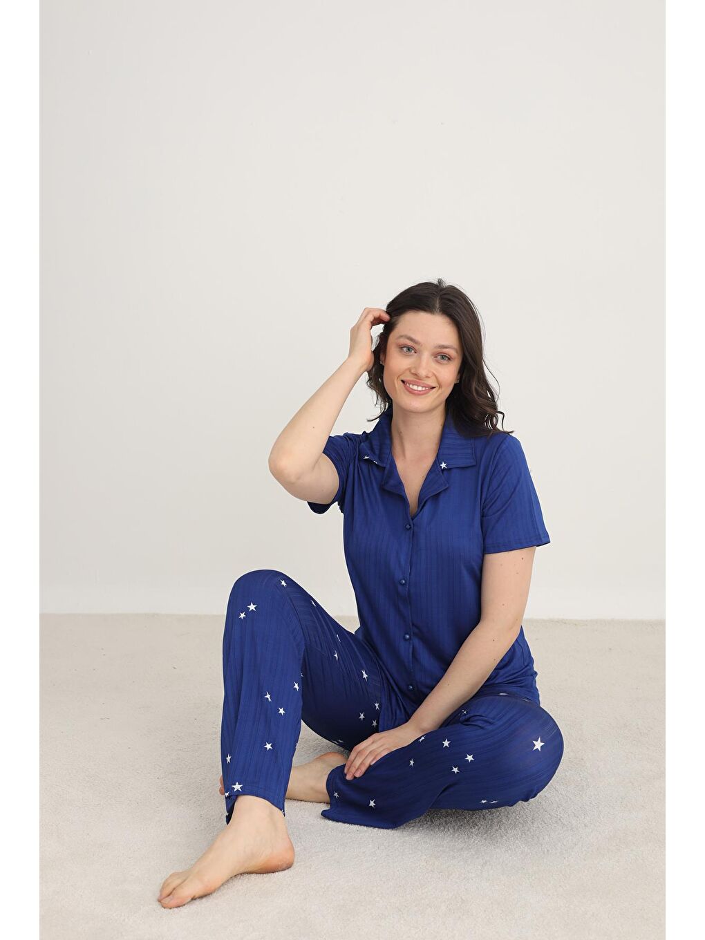 Mavi Kadın Yıldız Desenli Önden Düğmeli Pijama Takım | Saks 80602-1276-1