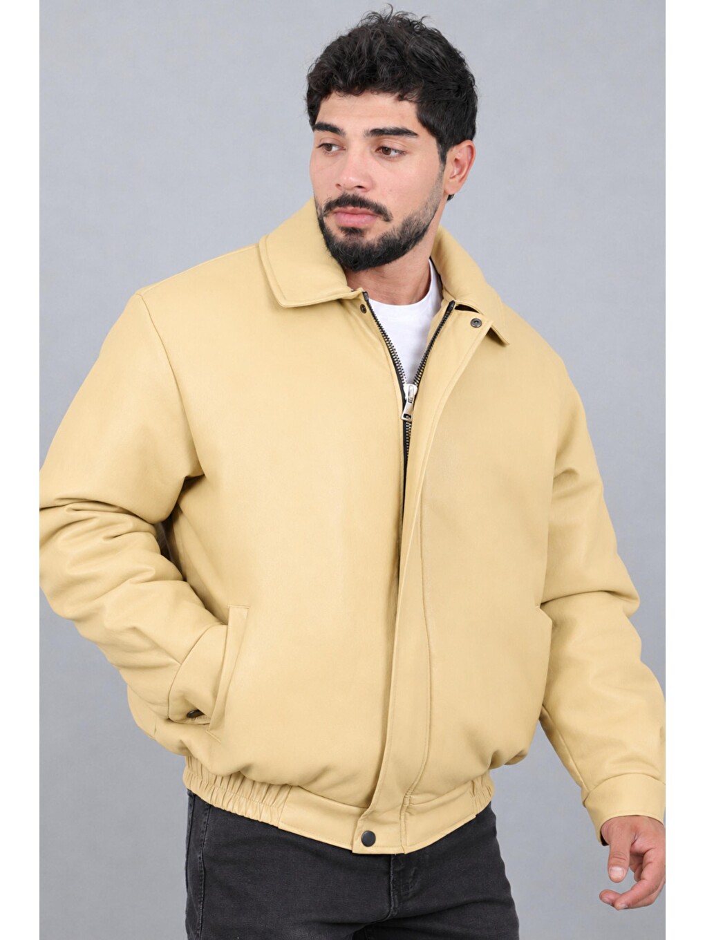 Sarı Kışlık Dolumlu İçi Kürklü Oversize Suni Deri Mont Kmd_50502-3
