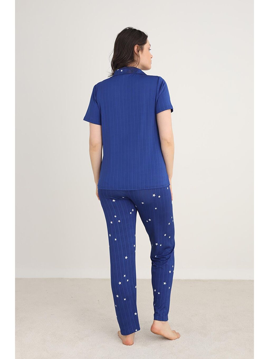 Mavi Kadın Yıldız Desenli Önden Düğmeli Pijama Takım | Saks 80602-1276-2