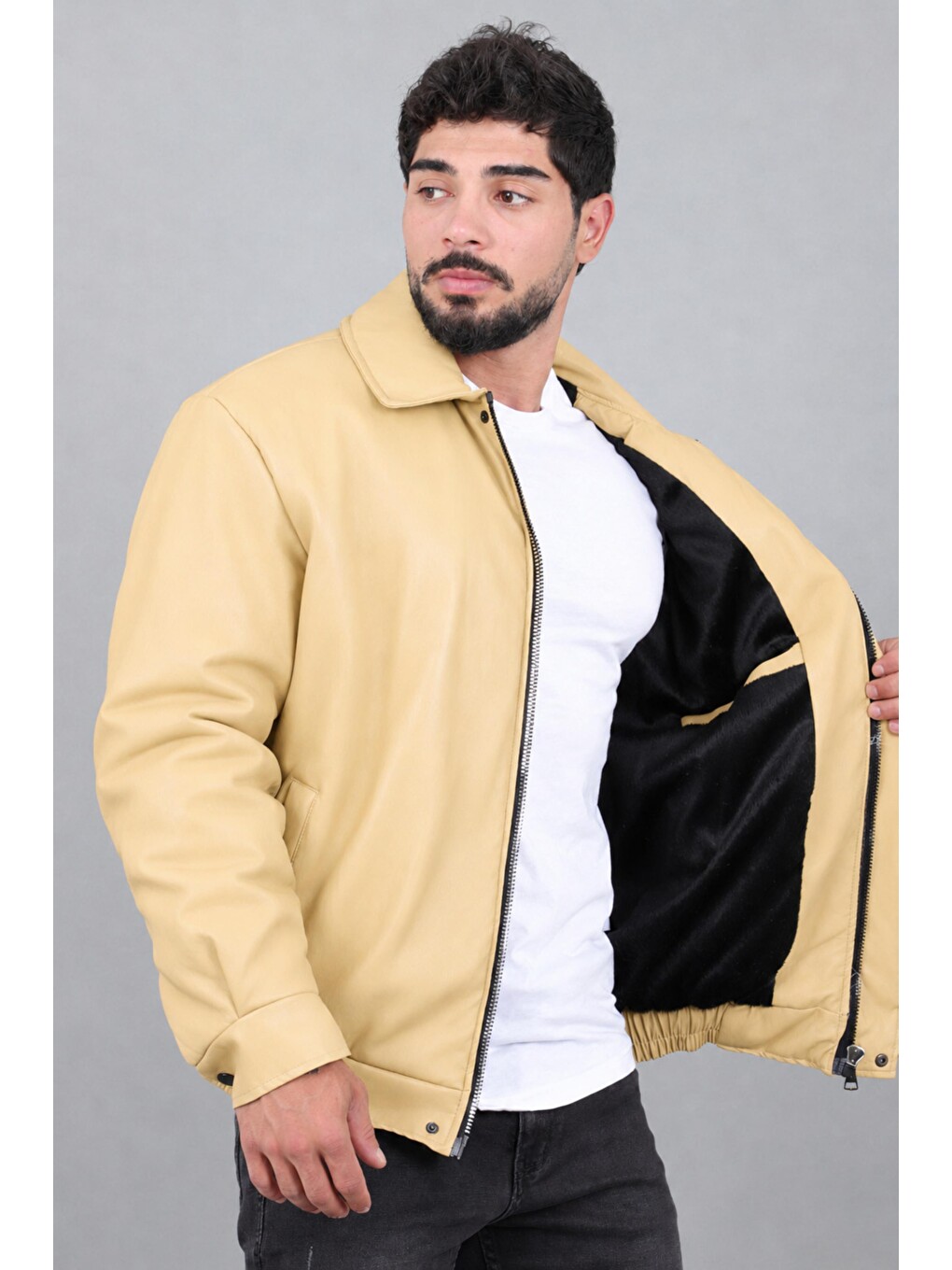 Sarı Kışlık Dolumlu İçi Kürklü Oversize Suni Deri Mont Kmd_50502-4