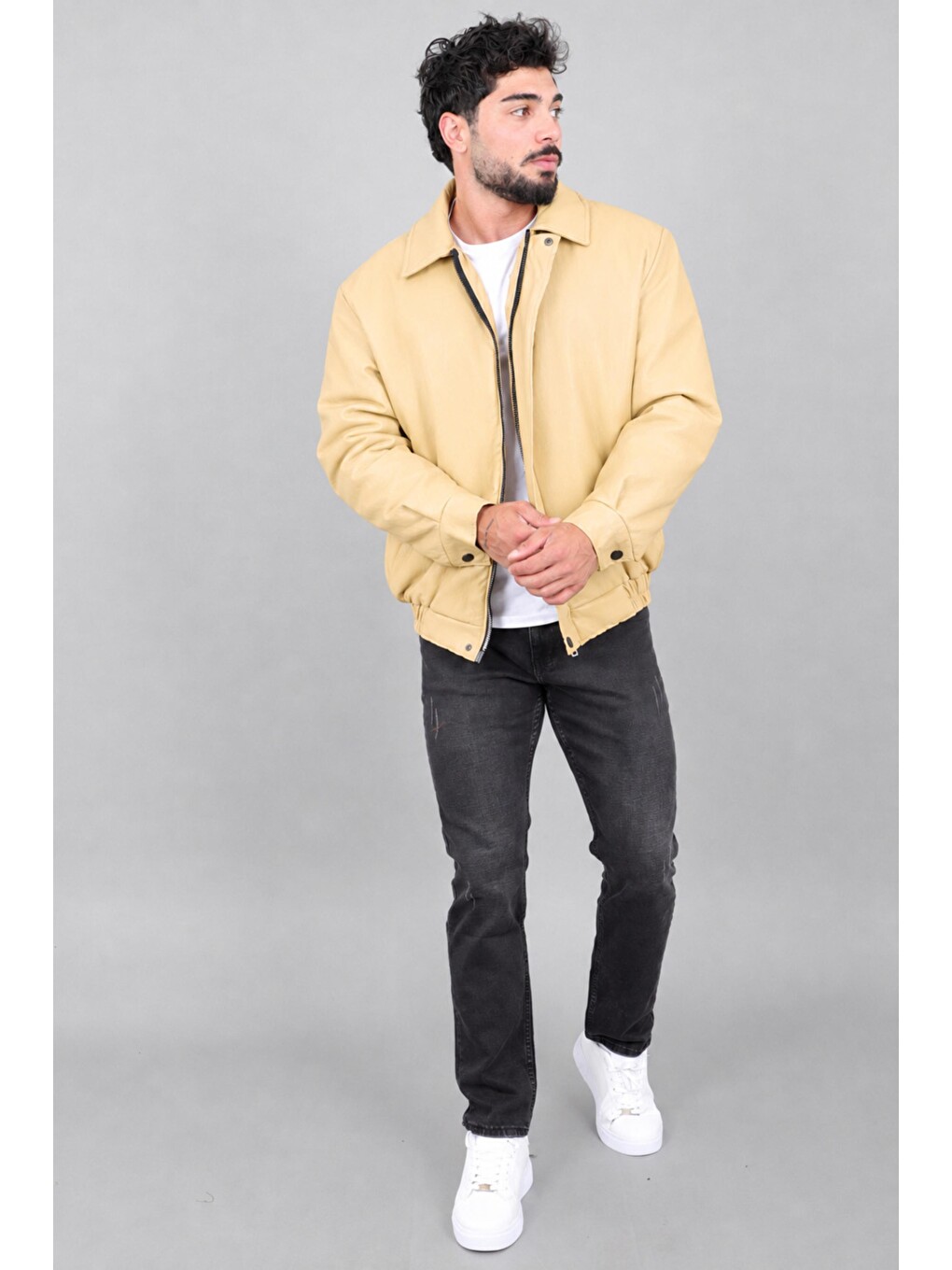 Sarı Kışlık Dolumlu İçi Kürklü Oversize Suni Deri Mont Kmd_50502-5