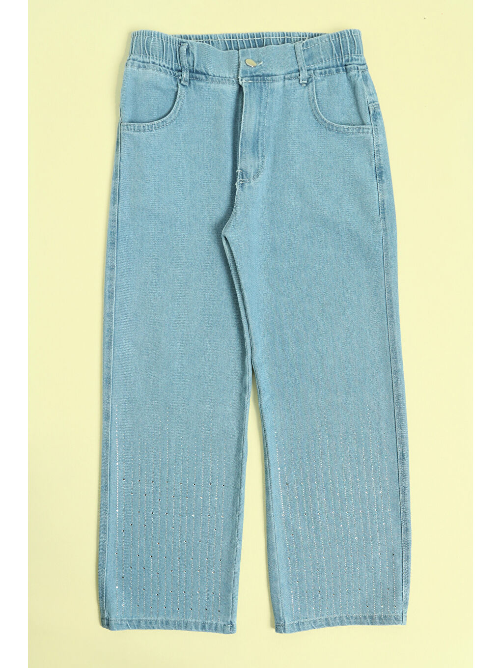 Mavi Beli Lastikli Taşlı Kız Çocuk Jean Pantolon