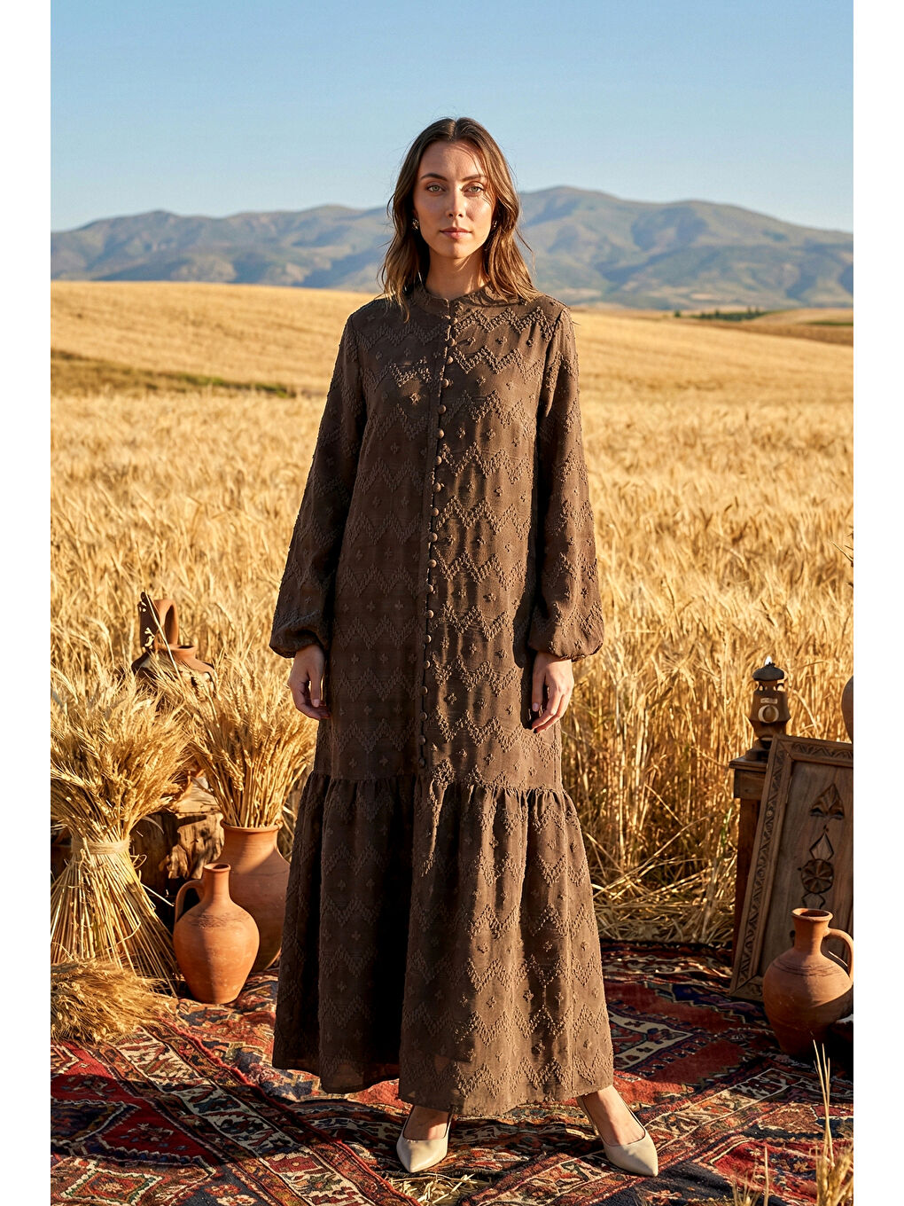 Güpür ve Jean Detay Uzun Elbise 2026 Haki Yeşil