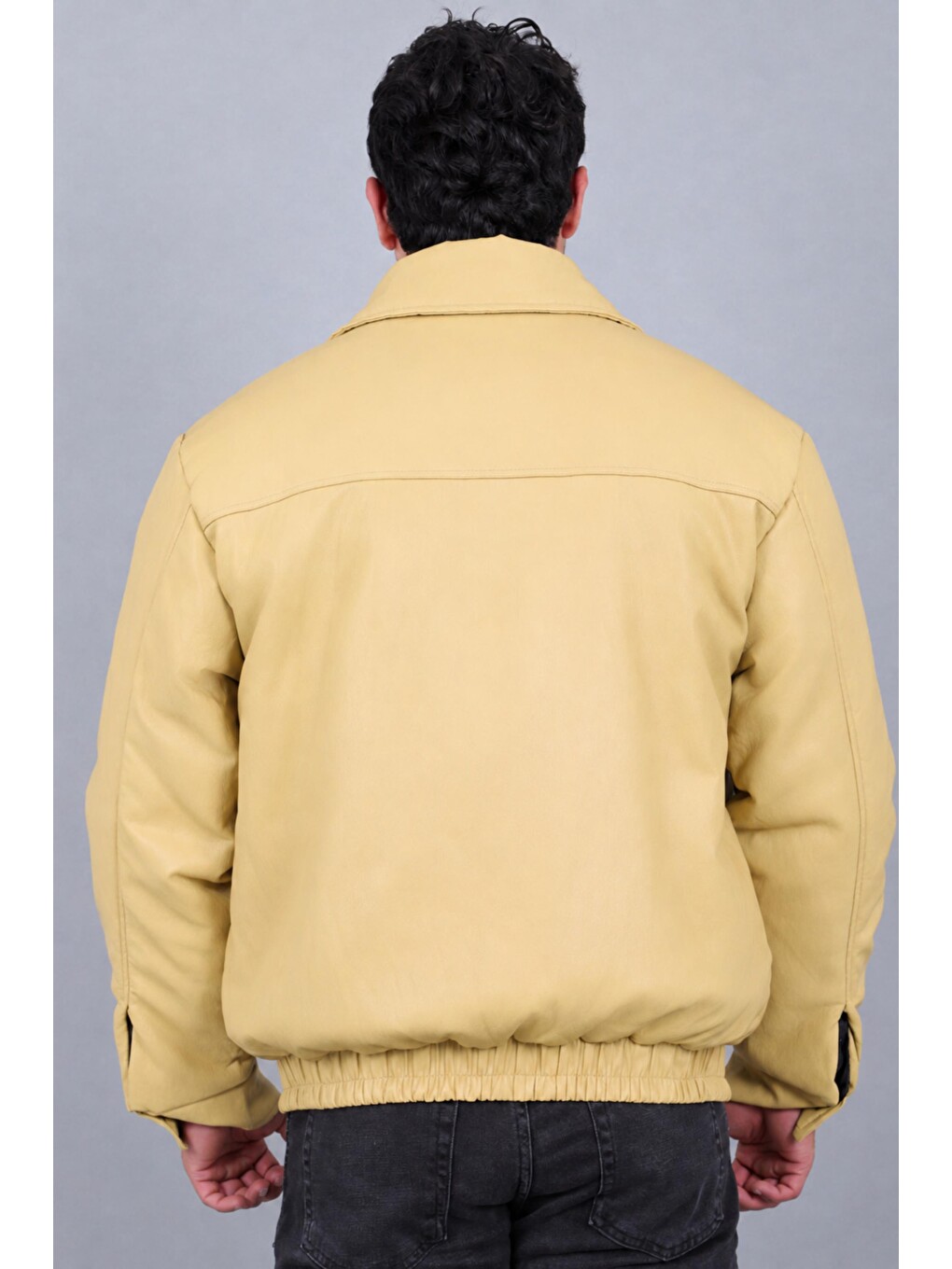 Sarı Kışlık Dolumlu İçi Kürklü Oversize Suni Deri Mont Kmd_50502-6