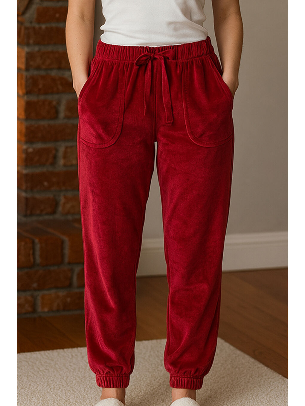 Kadın Paçası Lastikli Cep Detaylı Kadife Kumaş Tek Alt 503 Bordo