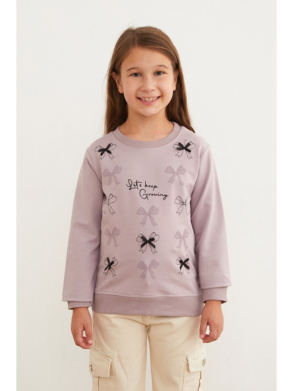 Lila Kurdele Baskılı Bisiklet Yaka Kız Çocuk Sweatshirt-4