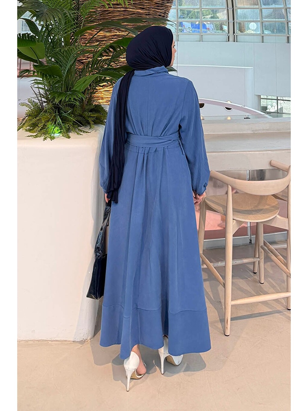 Fularlı Bağlama Detaylı Elbise Saks Mavisi-3