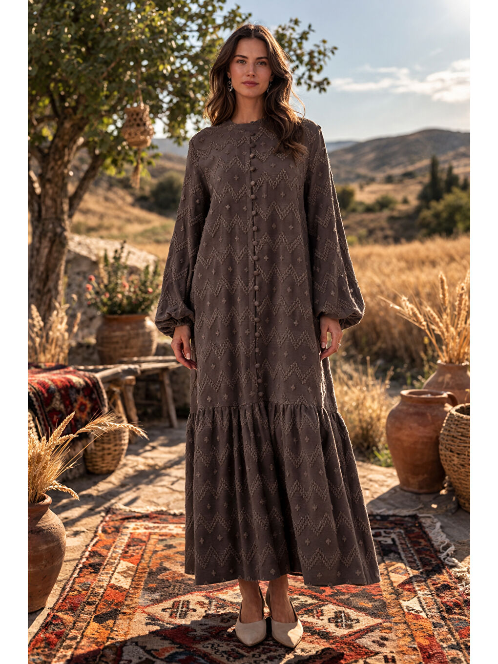 Güpür ve Jean Detay Uzun Elbise 2026 Haki Yeşil-1