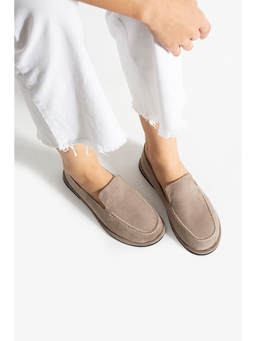 Bej Konforlu Kadın Süet Mokasen Ayakkabı Loafer-2