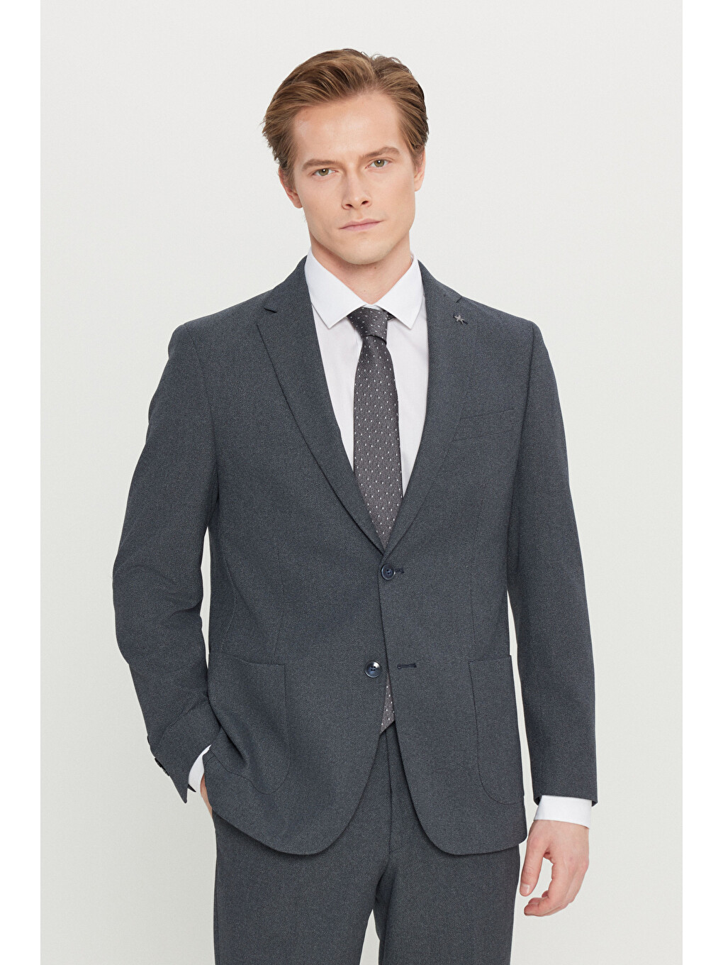 Erkek Lacivert Slim Fit Dar Kesim Mono Yaka Torba Cepli Desenli Esnek Takım Elbise