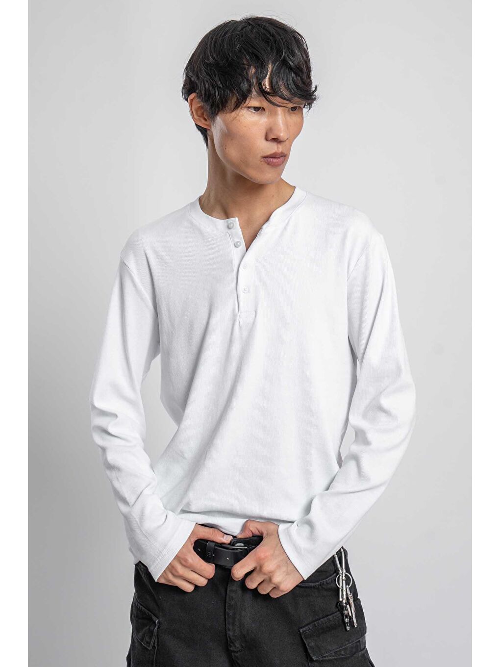 Erkek Oversize Düğmeli Basic Uzun Kollu T-Shirt Ekru-2