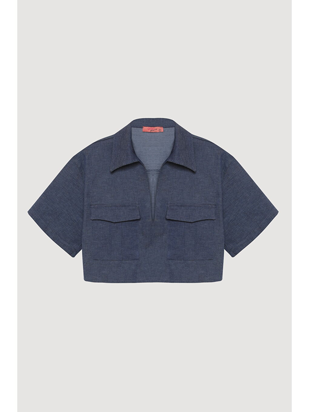 Cep Detaylı Jean Görünümlü Crop Bluz İndigo