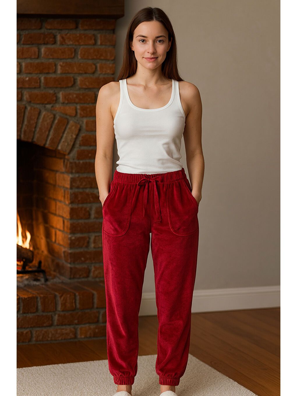 Kadın Paçası Lastikli Cep Detaylı Kadife Kumaş Tek Alt 503 Bordo-1