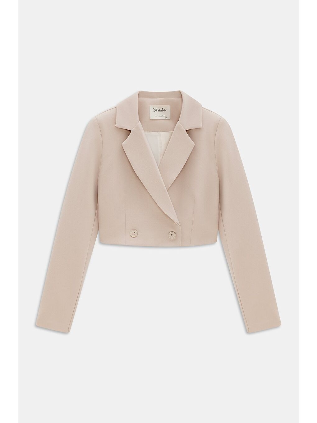 Bej Kadın Regular Fit Kruvaze Kapama Dokuma Crop Blazer Ceket -Şık & Spor