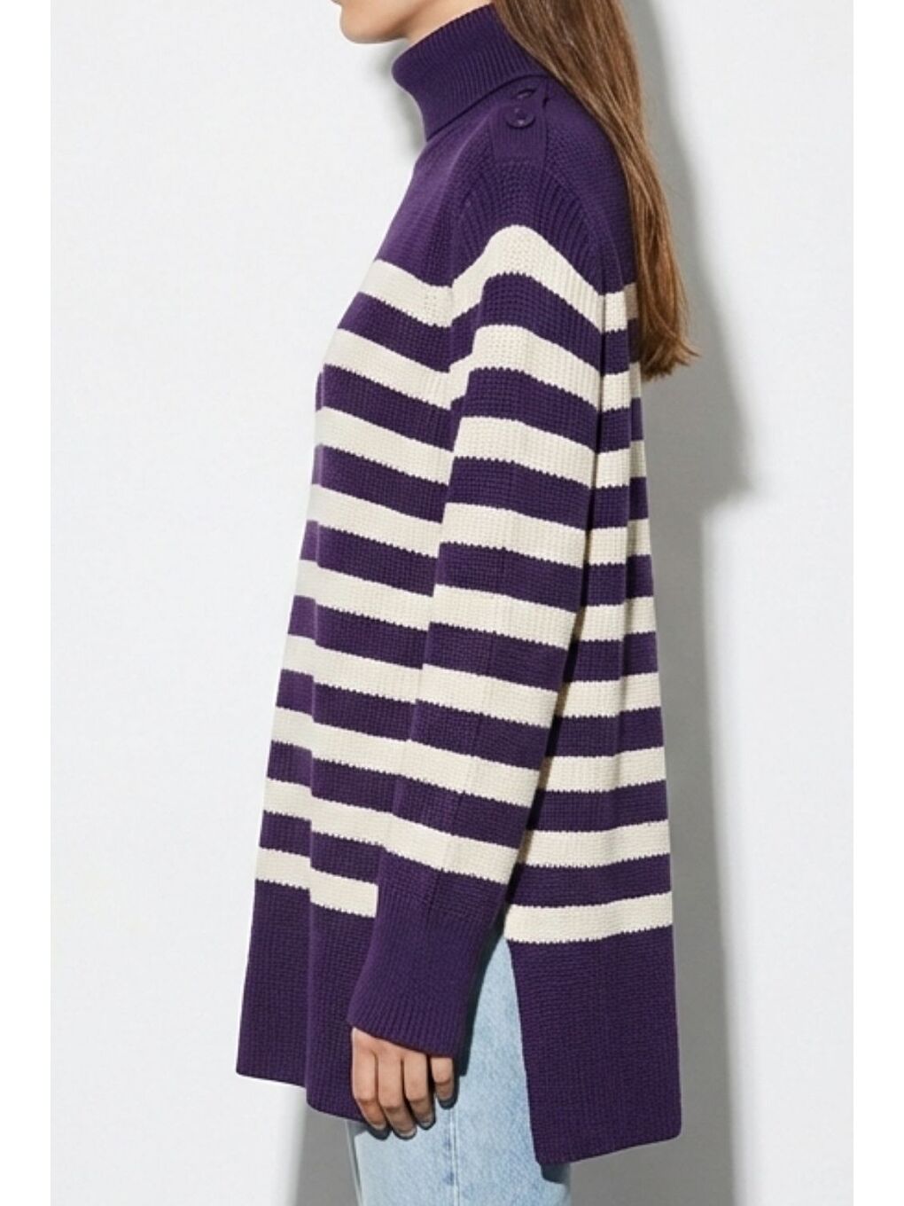Pamuk Karışımlı Mor Çizgili Oversize Kazak-1