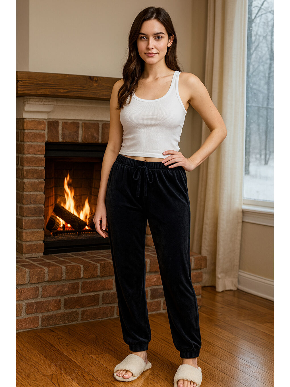 Kadın Paçası Lastikli Cep Detaylı Kadife Kumaş Tek Alt 503 Siyah-1