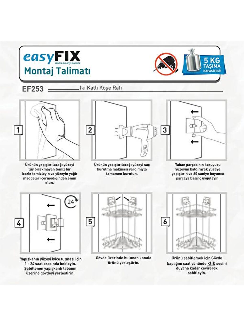 Siyah Easy Fix İki Katlı Köşe Rafı-4