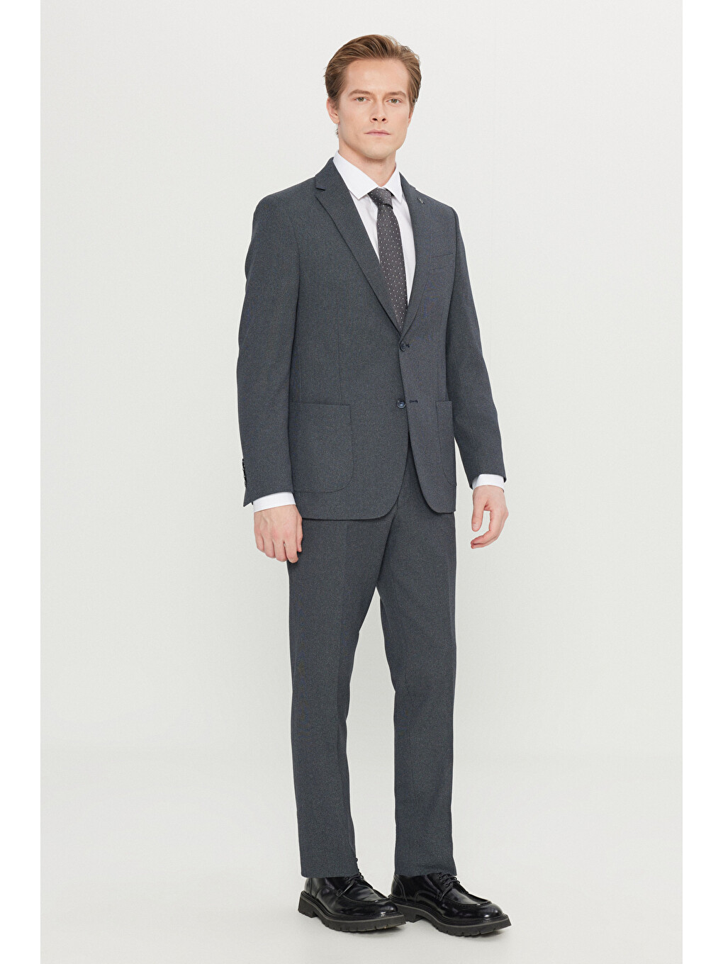 Erkek Lacivert Slim Fit Dar Kesim Mono Yaka Torba Cepli Desenli Esnek Takım Elbise-1