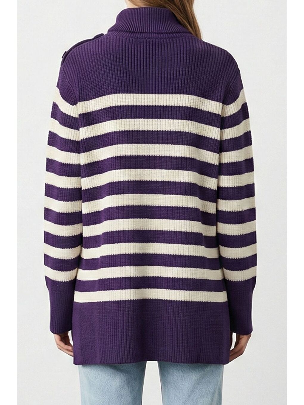 Pamuk Karışımlı Mor Çizgili Oversize Kazak-2
