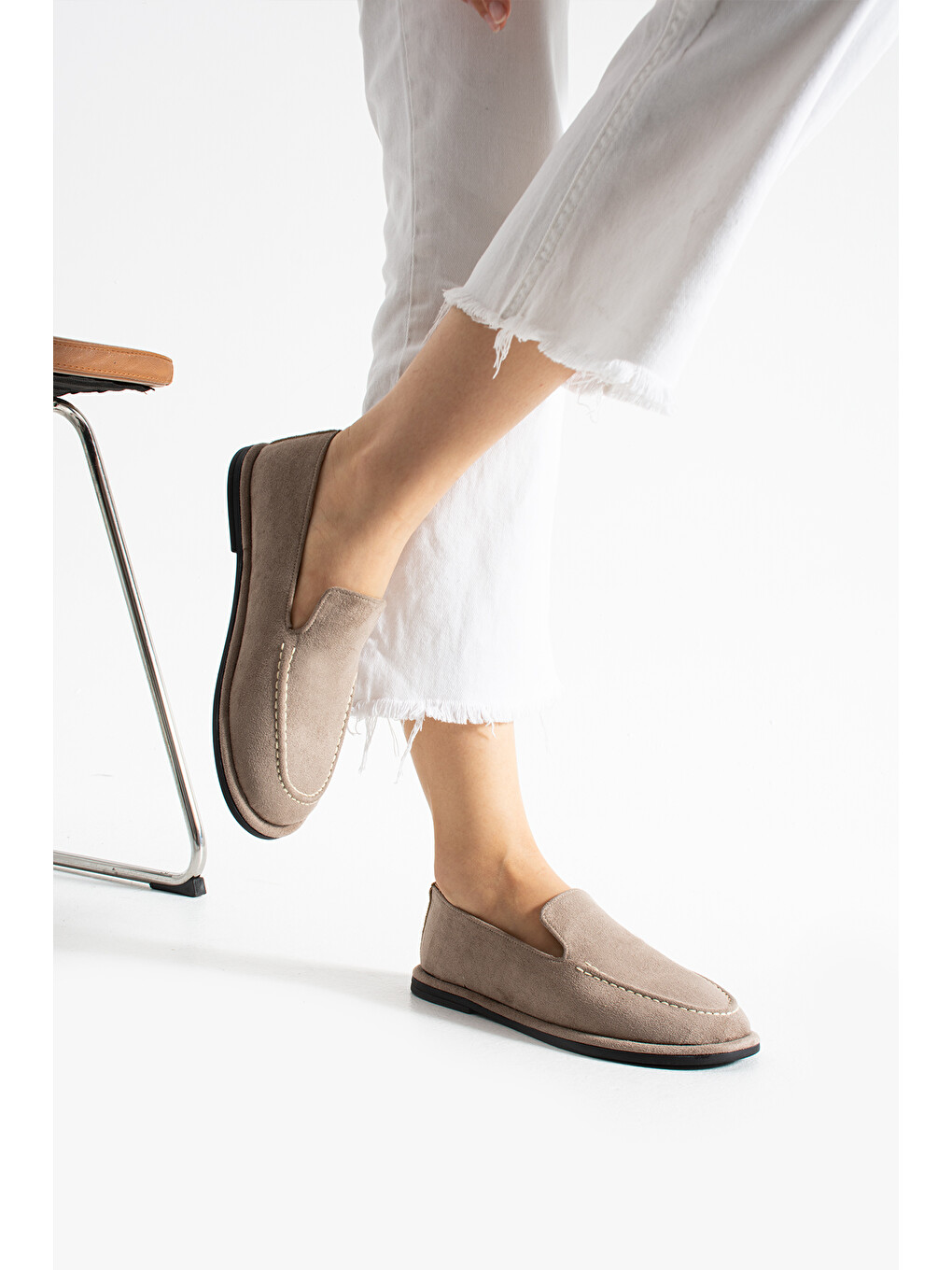 Bej Konforlu Kadın Süet Mokasen Ayakkabı Loafer-6