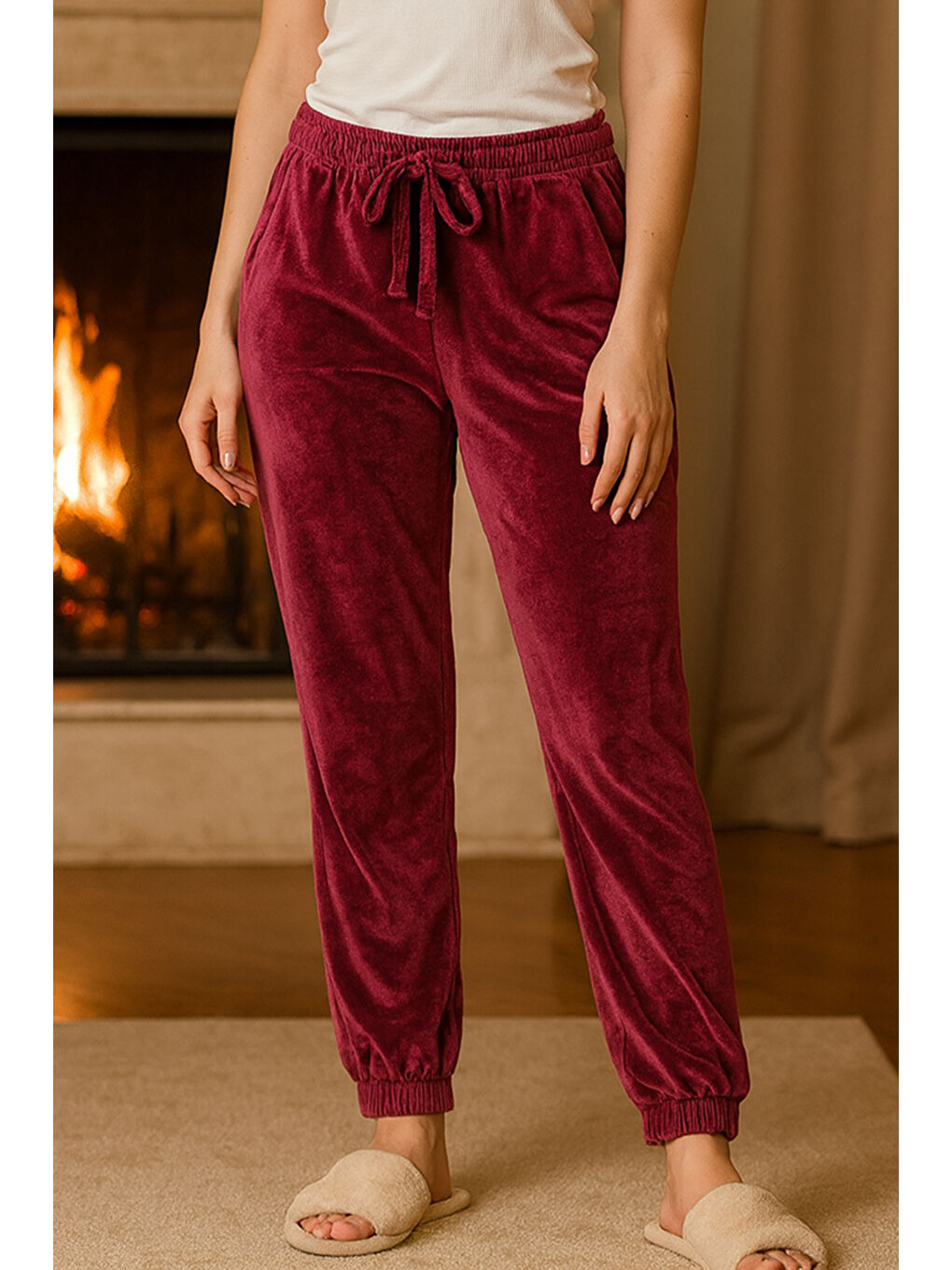 Kadın Paçası Lastikli Cep Detaylı Kadife Kumaş Tek Alt 503 Mürdüm-2