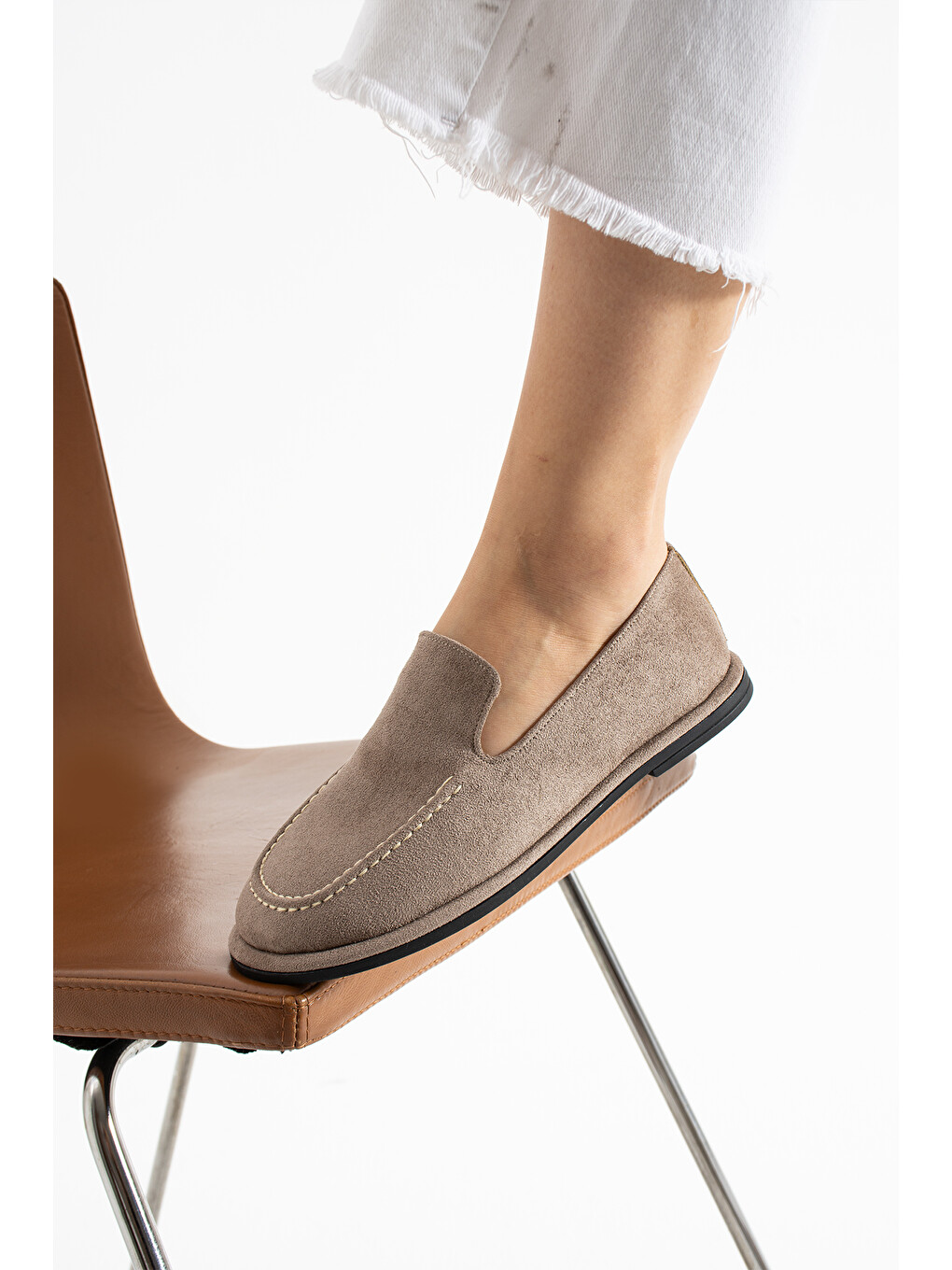 Bej Konforlu Kadın Süet Mokasen Ayakkabı Loafer-7