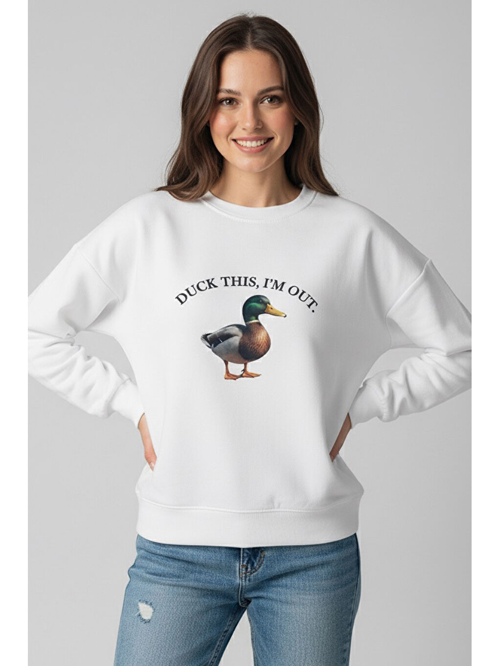 Baskılı İki İplik Sweatshirt Beyaz - 27991-BEYAZ-1