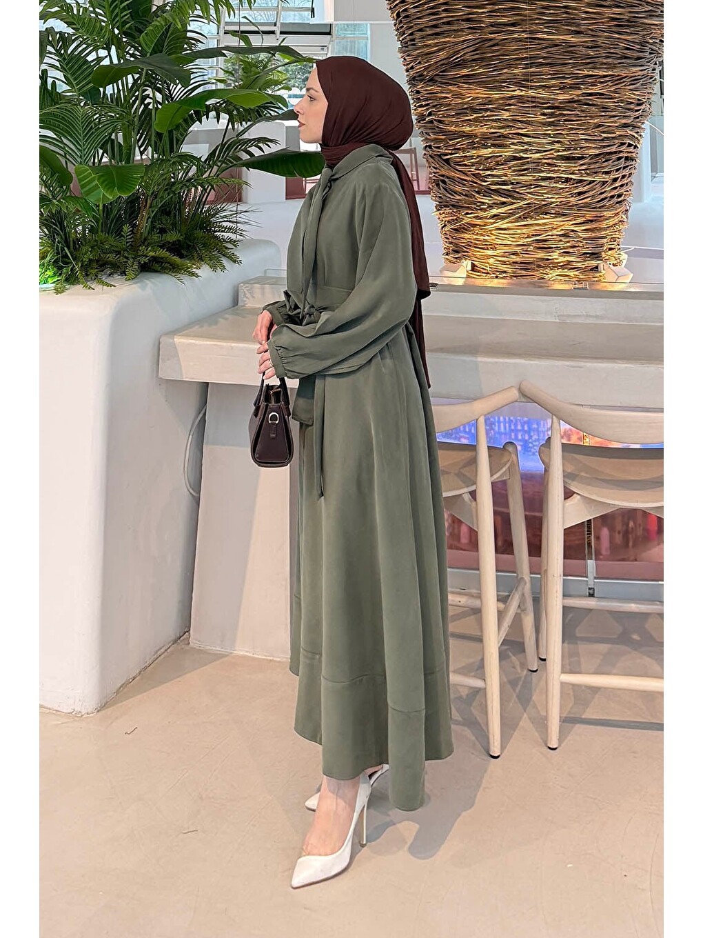 Fularlı Bağlama Detaylı Elbise Haki-1