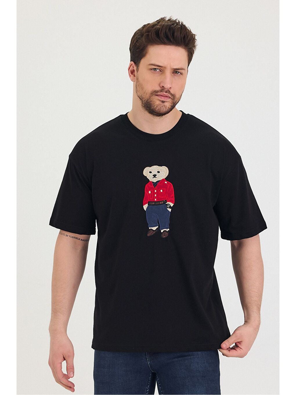 Siyah Bisiklet Yaka Oversize Ayıcık Baskılı Salaş Unisex Tişört