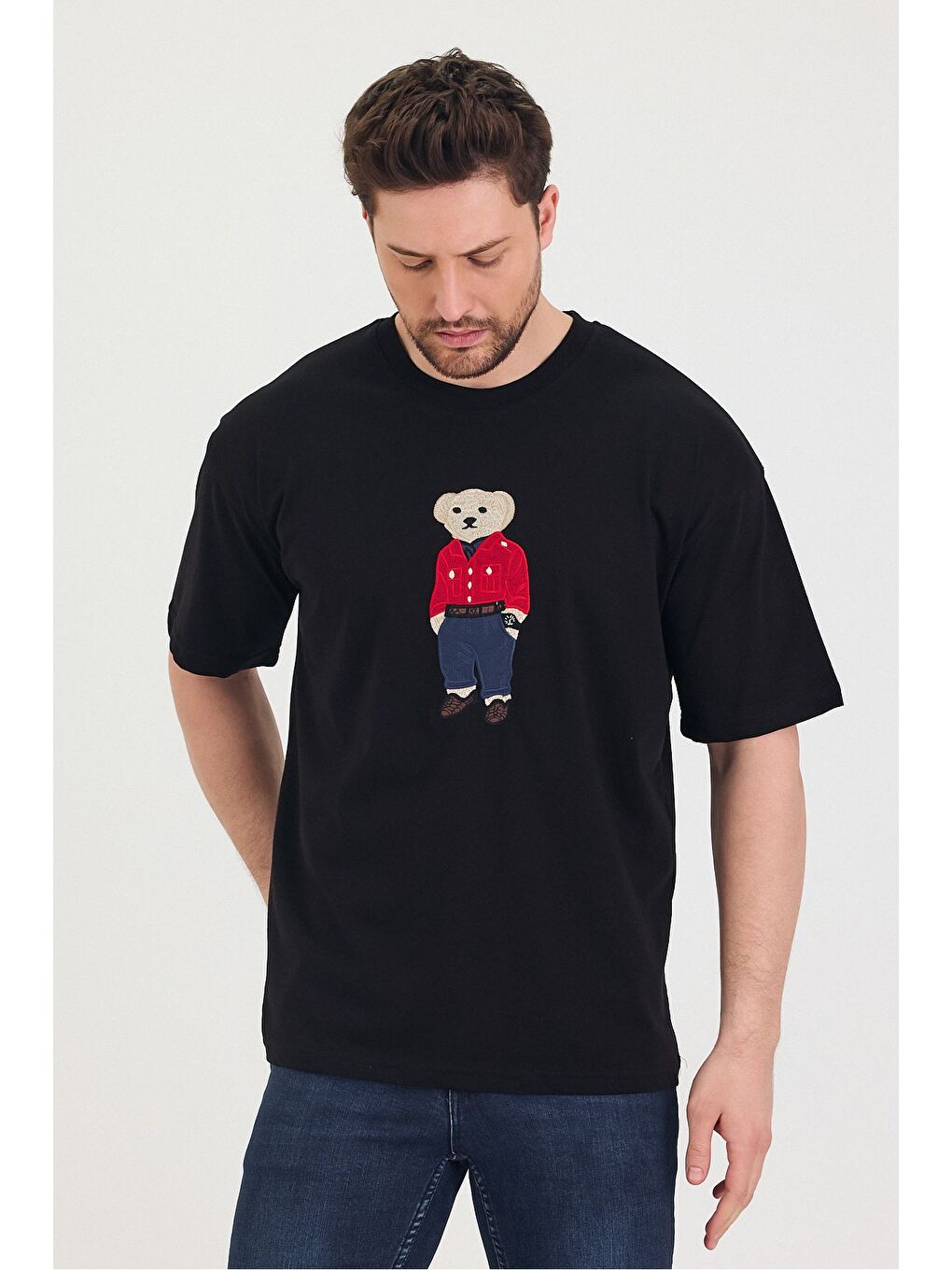 Siyah Bisiklet Yaka Oversize Ayıcık Baskılı Salaş Unisex Tişört-1