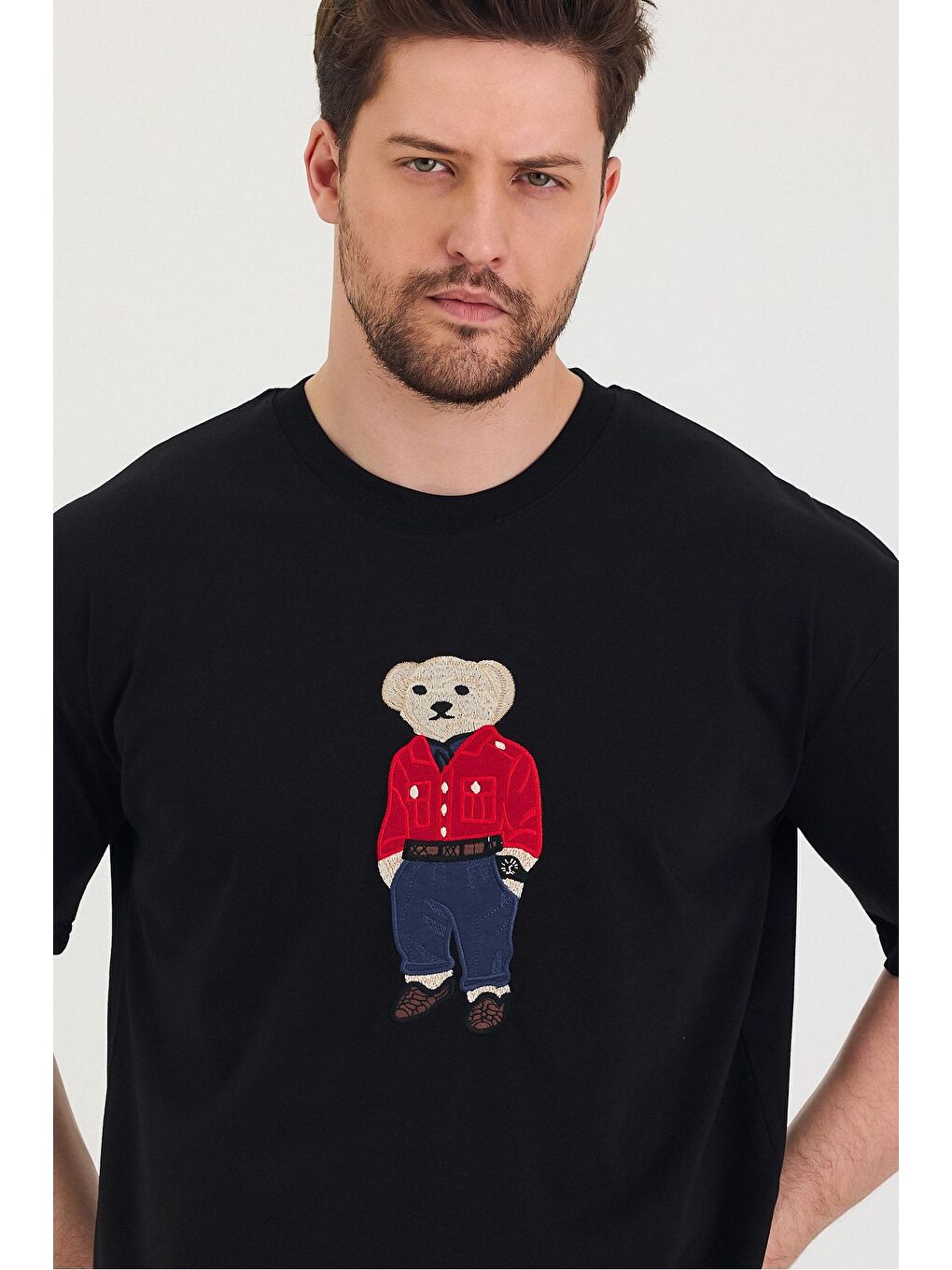 Siyah Bisiklet Yaka Oversize Ayıcık Baskılı Salaş Unisex Tişört-2