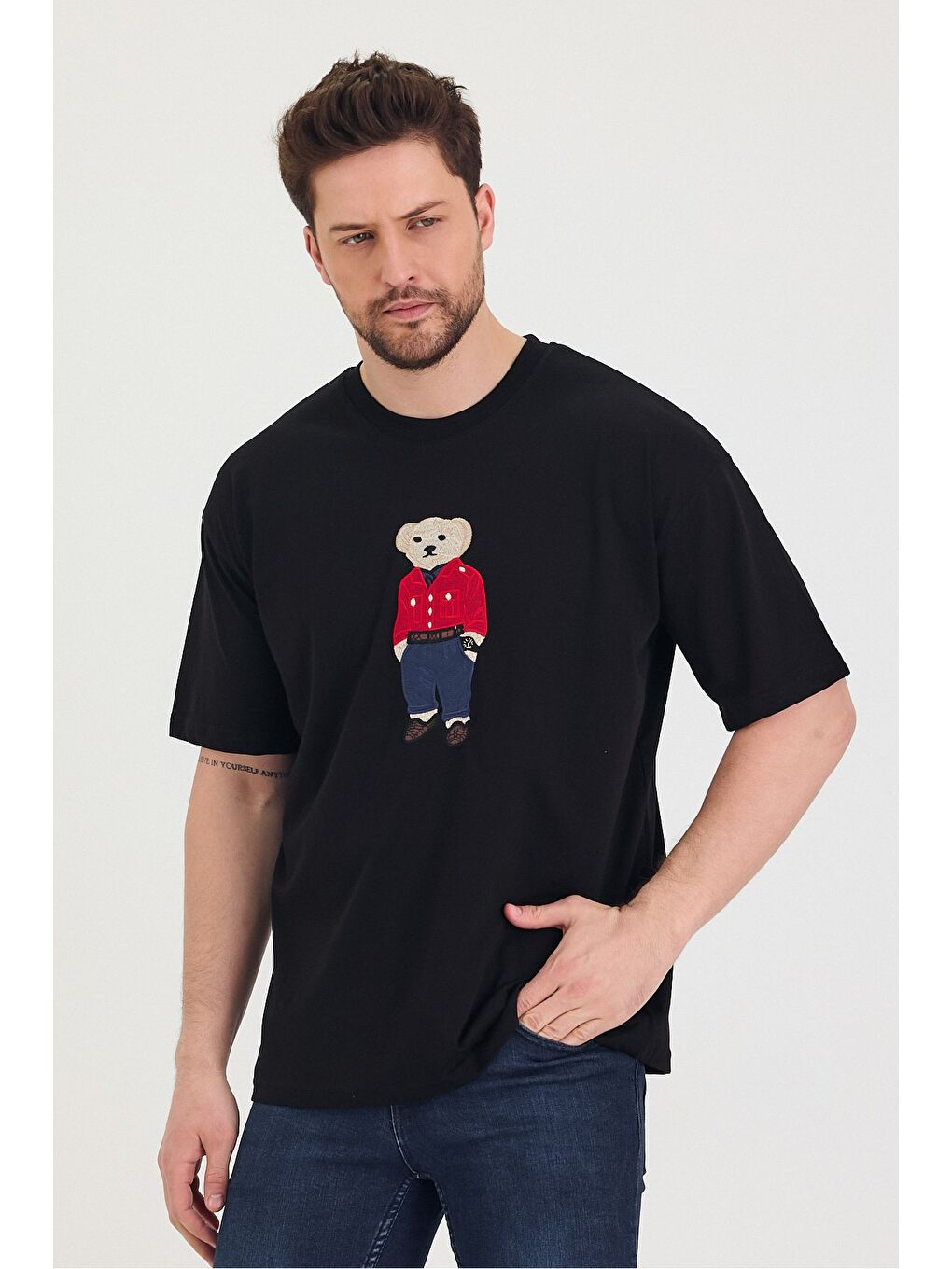 Siyah Bisiklet Yaka Oversize Ayıcık Baskılı Salaş Unisex Tişört-3