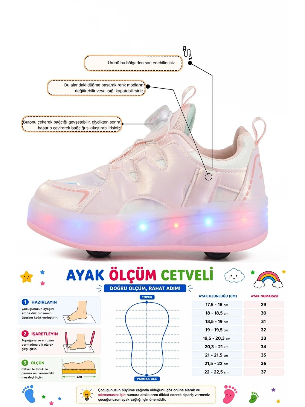 Kız Çocuk Beyaz Pudra Şarjlı Işıklı Akıllı Bağcıklı Tekerlekli Paten Ayakkabı Yung-3