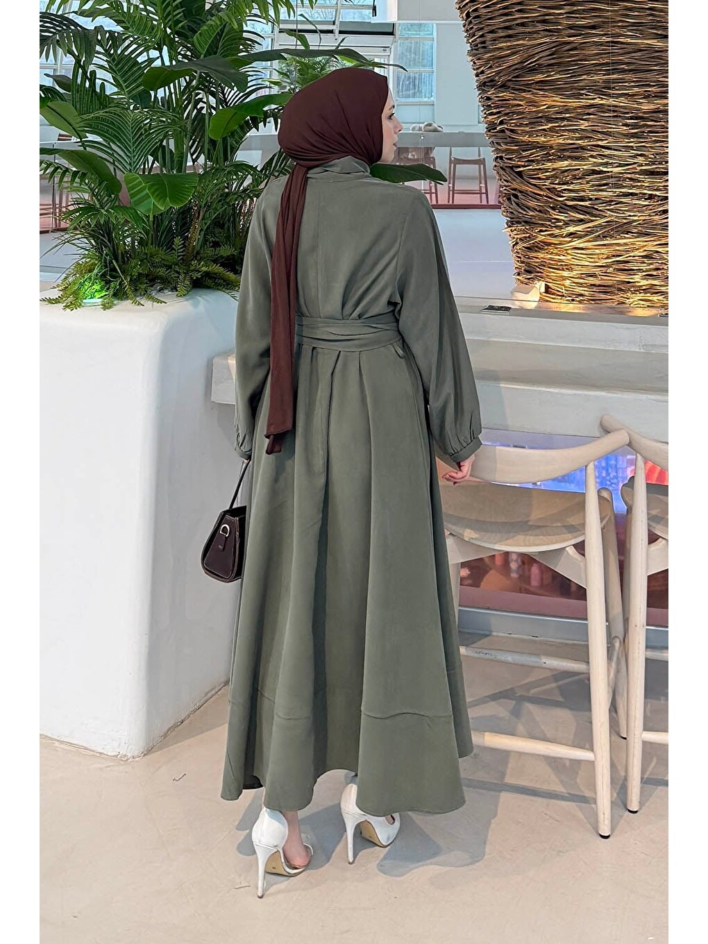 Fularlı Bağlama Detaylı Elbise Haki-3