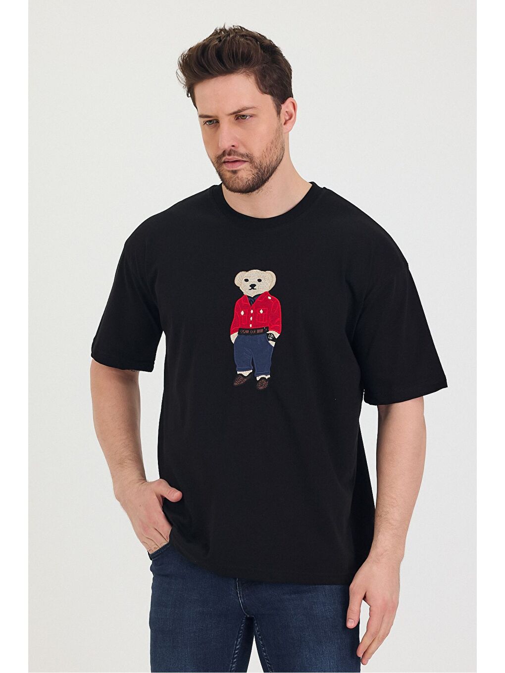 Siyah Bisiklet Yaka Oversize Ayıcık Baskılı Salaş Unisex Tişört-4