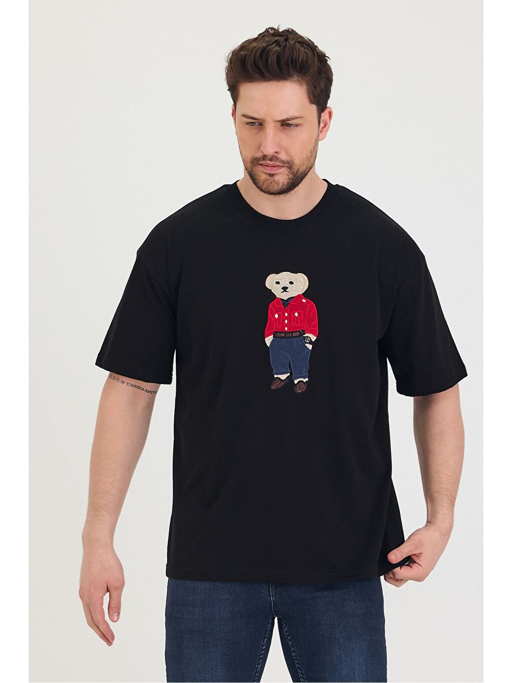 Siyah Bisiklet Yaka Oversize Ayıcık Baskılı Salaş Unisex Tişört-5