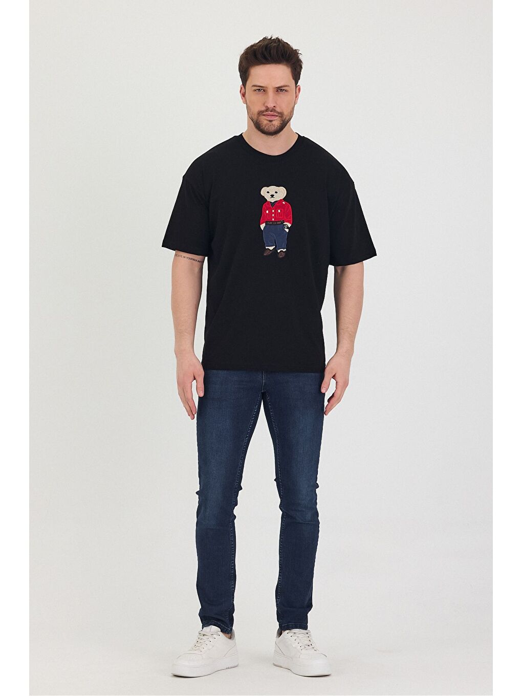 Siyah Bisiklet Yaka Oversize Ayıcık Baskılı Salaş Unisex Tişört-6