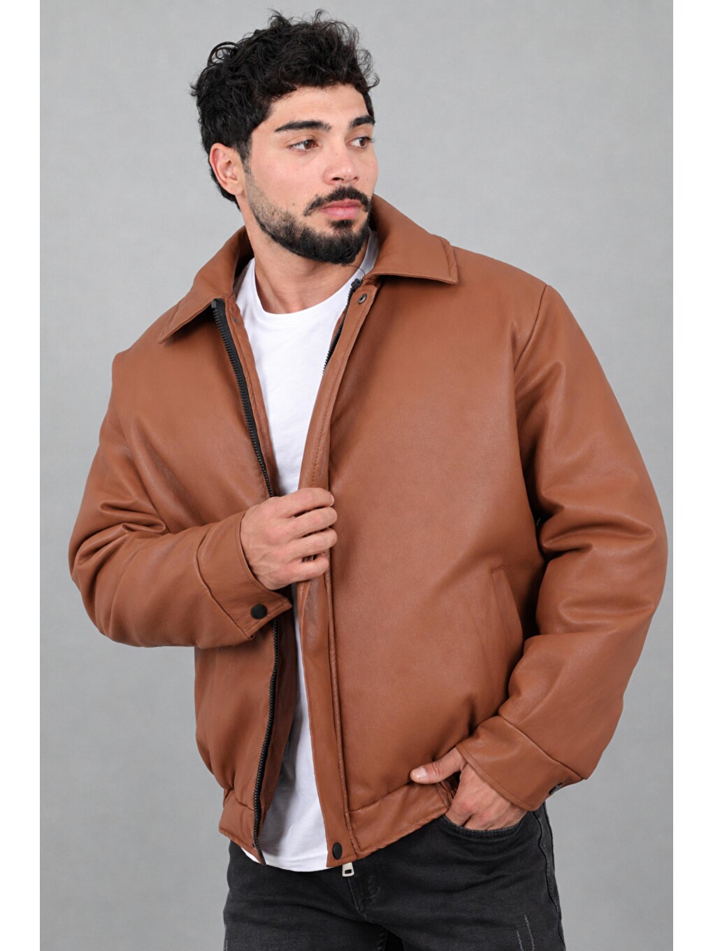 Kahverengi Kışlık Dolumlu İçi Kürklü Oversize Suni Deri Mont Kmd_50502