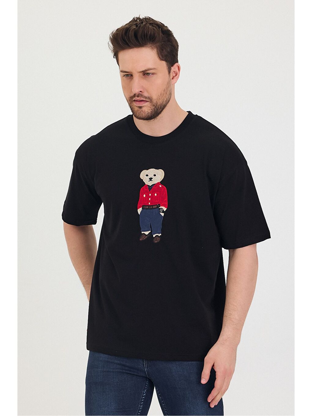 Siyah Bisiklet Yaka Oversize Ayıcık Baskılı Salaş Unisex Tişört-7