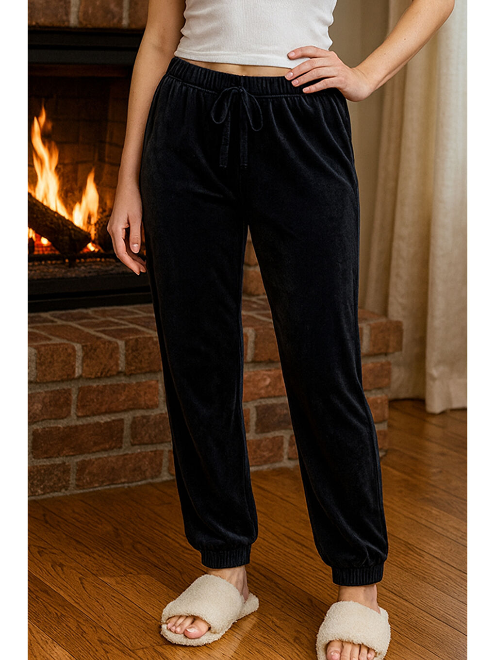 Kadın Paçası Lastikli Cep Detaylı Kadife Kumaş Tek Alt 503 Siyah-2