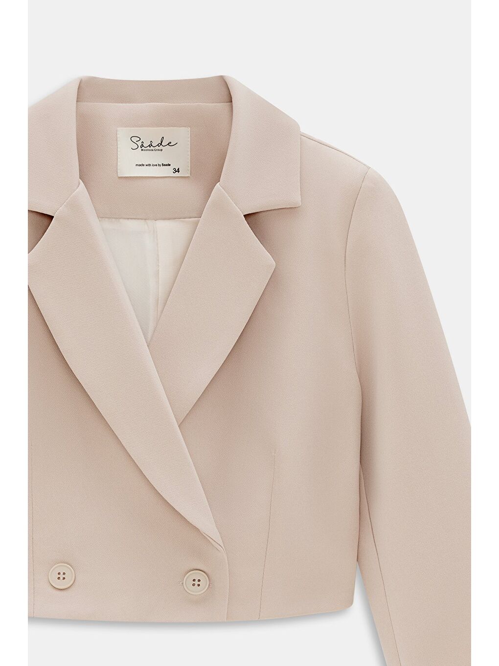 Bej Kadın Regular Fit Kruvaze Kapama Dokuma Crop Blazer Ceket -Şık & Spor-1