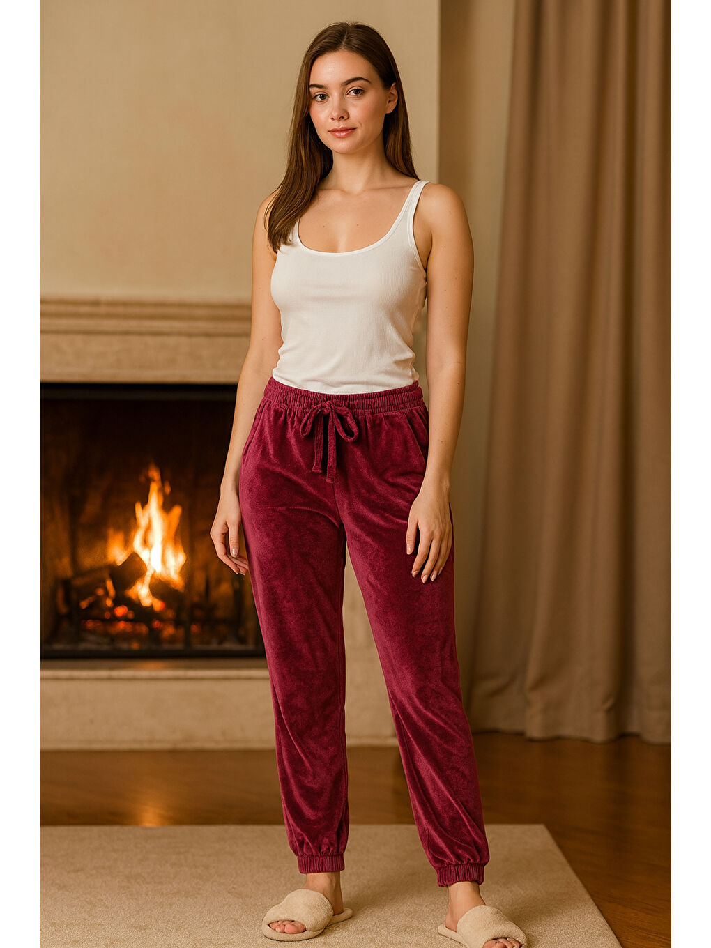 Kadın Paçası Lastikli Cep Detaylı Kadife Kumaş Tek Alt 503 Mürdüm-3